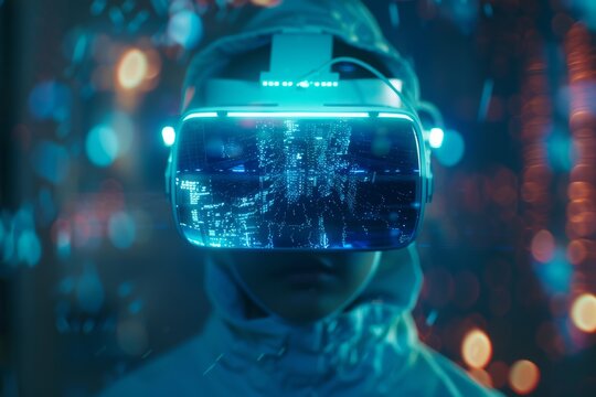Futuristic individual wearing advanced virtual reality headset, immersed in digital cityscape, surrounded by vibrant bokeh lights, showcasing the intersection of technology and imagination