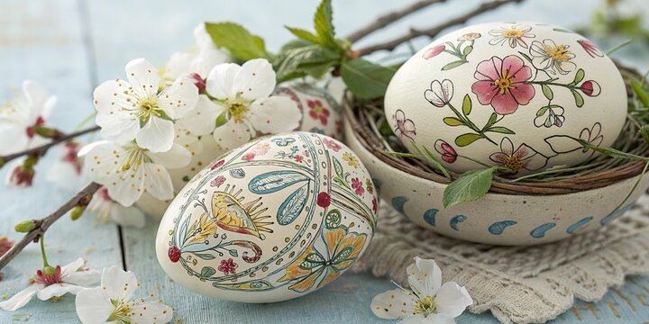 Colorful easter eggs with floral patterns surrounded by cherry blossoms in a soft pastel setting