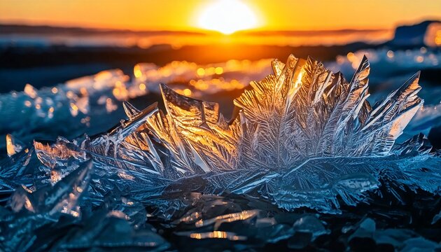 鋭い氷の結晶がリキッドクロムへと溶け出す幻想的なマクロ風景