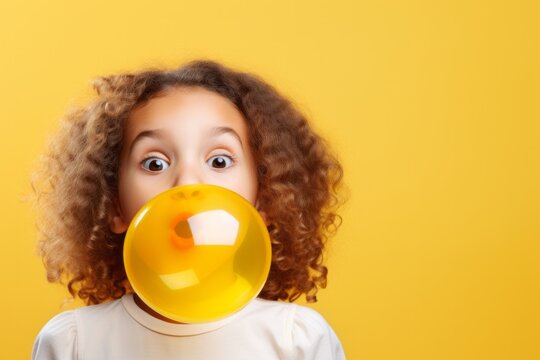 Young girl with curly hair is blowing a large yellow bubblegum bubble, showcasing surprise and joy against a vibrant yellow background, capturing playful childhood moments