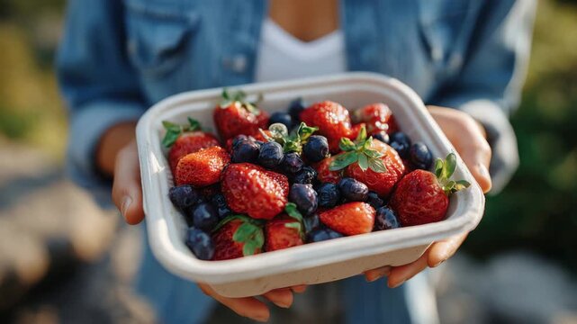 Close-up of faceless hands placing strawberries and blueberries into a reusable container, morning light highlighting freshness and color vibrancy, tactile focus on hands and conta
