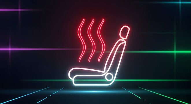Neon icon of a car seat with wavy red heat lines rising from it, simple white outline, cyberpunk aesthetic.