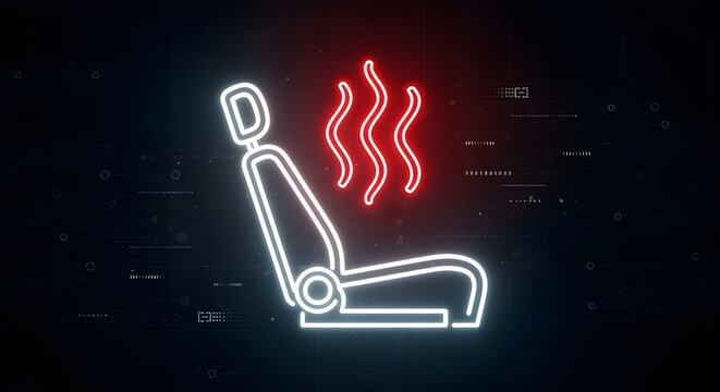 Neon icon of a car seat with wavy red heat lines rising from it, simple white outline, cyberpunk aesthetic.