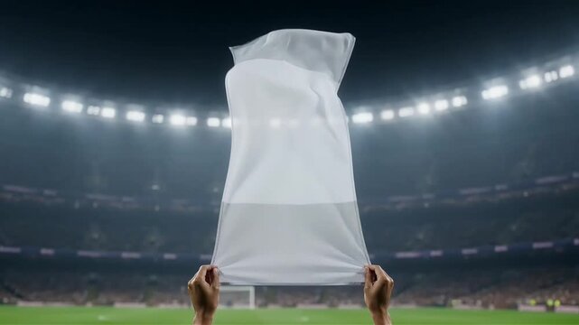 Soccer fans hands holding white empty flag at night stadium during football match celebration footage