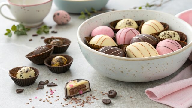 Colorful egg-shaped chocolates in a bowl arranged on a neutral surface inviting sweet enjoyment
