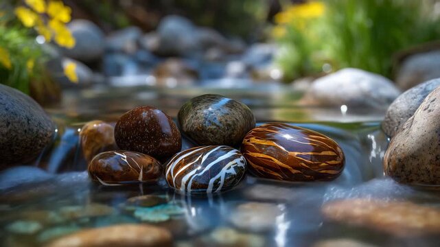 Close-up of several smooth river stones resting at the edge of a clear mountain stream, each stone displaying unique natural patterns and mineral veins, sunlight reflecting off wet