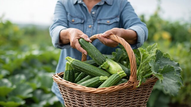 Middle-aged woman harvesting fresh zucchini from her garden