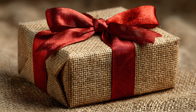 Crafted gift box wrapped in brown paper tied with vibrant red string bow. Rustic, elegant package design suitable for any special occasion, holiday, or celebration delivery. Adds joy and anticipation.