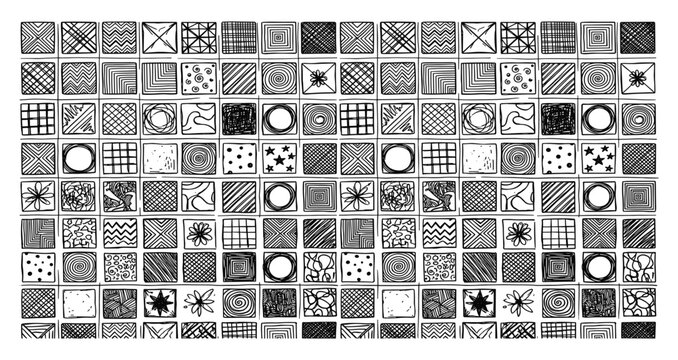 Grid of hand drawn doodle squares with various abstract patterns