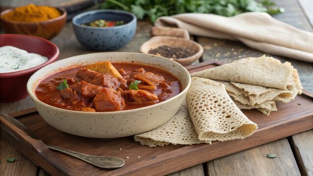 Delicious ethiopian doro wat chicken stew served with injera flatbread and garnished with fresh herbs