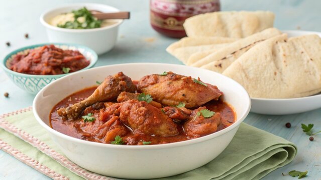 Enjoying traditional Ethiopian doro wat stew served with injera and sides in a pastel setting