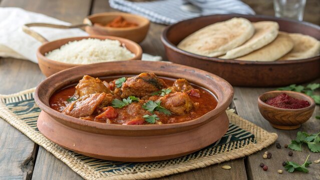 Spicy Ethiopian doro wat chicken stew served in clay dish with rice and bread on wooden table