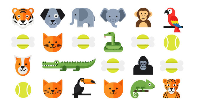 Colorful cartoon illustrations of various animals bones and tennis balls