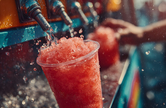 Red slushy drink poured from a colorful machine into a clear plastic cup. Hands pull lever on dispenser creating icy, juicy summer refreshment. Carnival beverage.