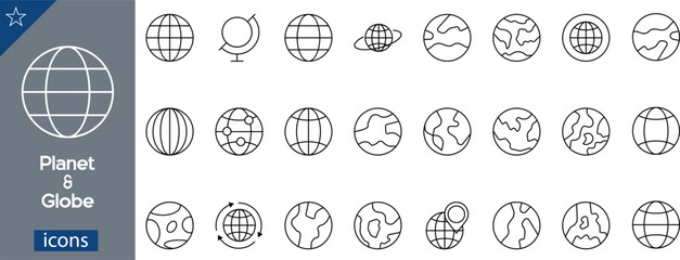 24 Planet and Globe Icons  Minimalist Monolinear Line Art for Cartography, World Maps, and Planetary Geography © Jamal