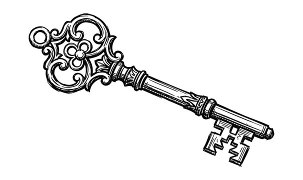 Vintage ornate key sketch, hand drawn antique skeleton key