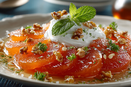 Traditional Turkish style quince dessert. The quince is cooked until soft, sherbet is poured on it, and served with cream and walnuts. It is one of the most popular Turkish desserts.(Ayva Tatlisi)