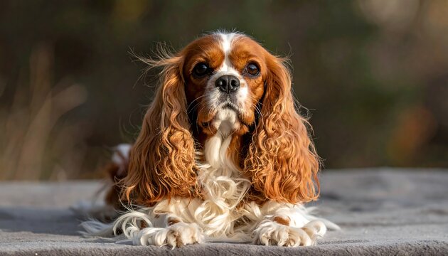 Adorable dog with floppy ears, looking intently, resting on a gray surface with a blurred, natural background