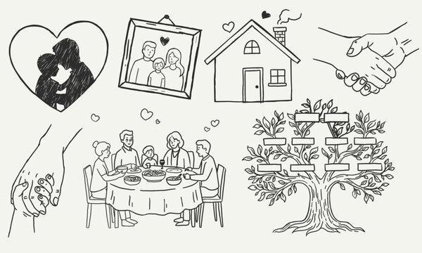 Human Connection and Bonding Illustrations. Minimalist Sketches of Parental Attachment and Unity.
