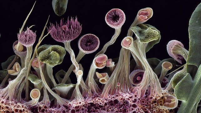 Roots of broad beans appear under the microscope.