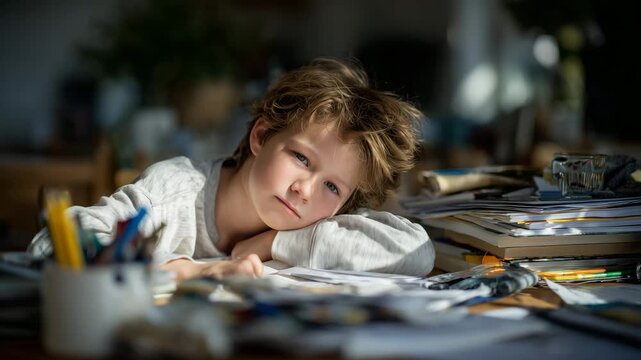 Faceless parent and child leaning over a cluttered table filled with homework papers, markers, and books, wide bright family kitchen bathed in natural morning light, cozy and reali