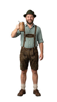 Bavarian man in linen shirt and intricate laderhosen holding a beer stein