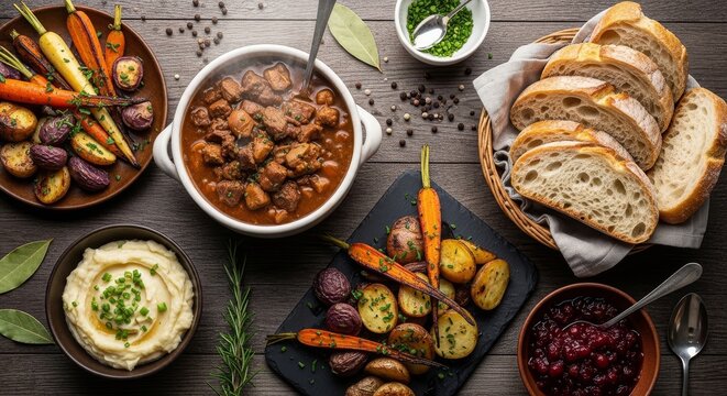 Hearty Winter Stew with Roasted Vegetables and Bread