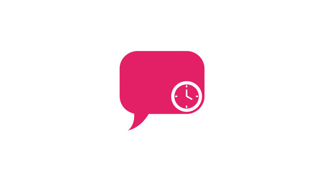 Pink speech bubble with clock icon.