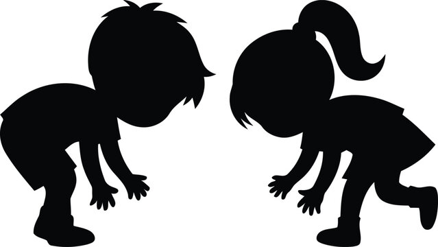 Silhouette of two children playfully bending over isolated on transparent background