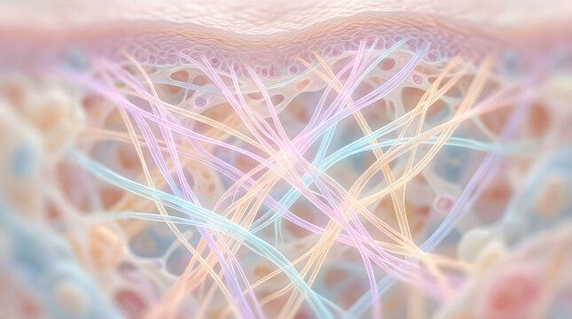 Elastic collagen fibers form a strong network to support skin firmness and structure. 3D rendering.