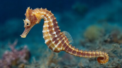 Obraz premium Ocean's tiny seahorse, Hippocampus guttulatus, floats in Mediterranean waters.