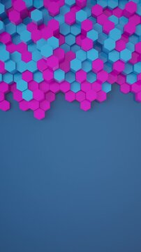Vertical video animation of blue and magenta color hexagons - abstract background - wallpaper - seamless loop.