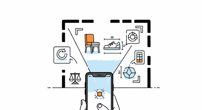 Smartphone Augmented Reality App Interface for Visual Search, Product Identification, and Dimension Measurement Illustration