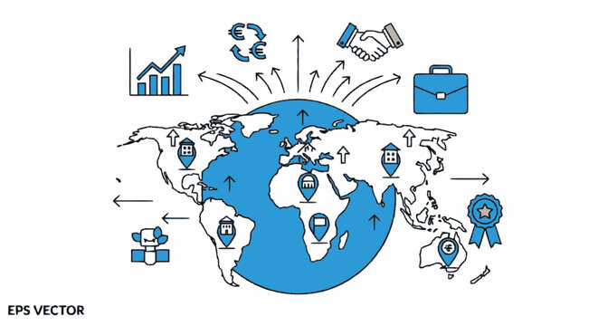Global business and international trade concept illustration with world map and economic growth icons