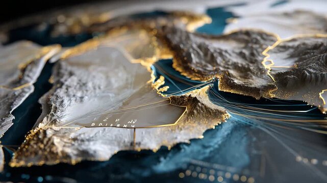 Isometric digital map of the Persian Gulf region with the Strait of Hormuz highlighted by gold accents, islands like Qeshm and Larak shown in raised relief, and flowing ribbons mar