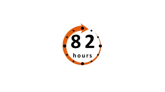 Circular orange arrow with black dots and the number eighty two hours in black text on a white background representing time or deadline