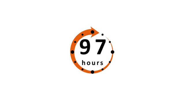 A circular arrow with the number 97 and the word hours in black text on an orange circular path with black dots on a white background