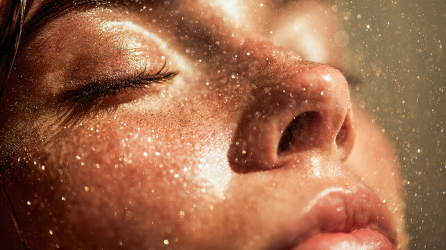 Woman enjoying a refreshing mist on her face with eyes closed, highlighting natural skin texture and sparkling droplets in warm sunlight glow