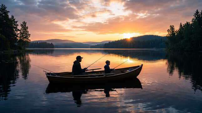 Silhouette of father and son fishing in a boat on the lake at sunset