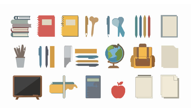 School supplies vector set with flat education objects collection in colorful minimal style