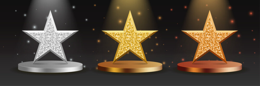 Gold Silver and Bronze Star Awards on Podium with Spotlight and Glitter Effect. 3D Ranking Trophy Stars for Winner First Second Third Place Ceremony Vector Illustration.