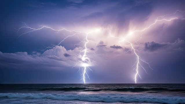 A dramatic lightning storm over the ocean with dark clouds and waves