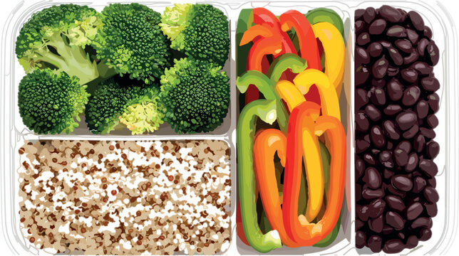 Healthy meal prep container with broccoli bell peppers quinoa and black beans balanced diet food flat vector illustration