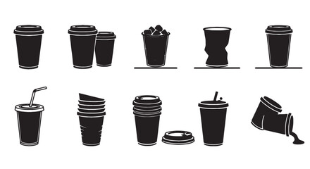 Fototapeta premium Disposable coffee cup icons set, black silhouette paper cups for cafe branding, takeaway drink container vector collection, 10 beverage packaging elements