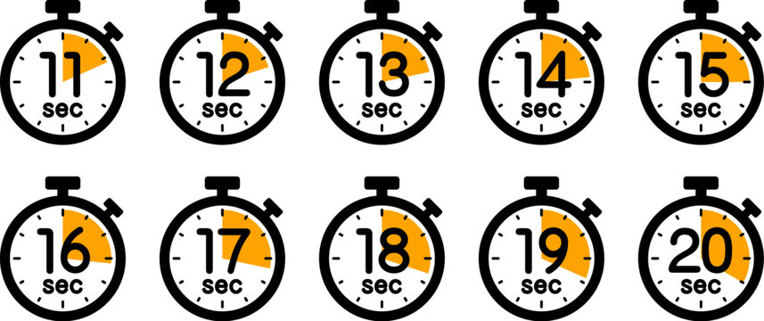 時間を示すストップウォッチのアイコン（stopwatch icon　11sec/12sec/13sec/14sec/15sec/16sec/17sec/18sec/19sec/20sec）
