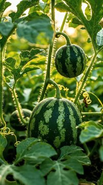 Fresh watermelons growing in a lush garden setting with green foliage.
