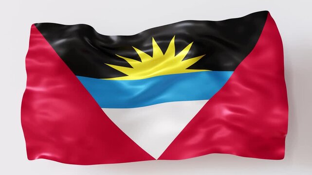 A three dimensional animation showcases the flag of Antigua and Barbuda as it waves in a clear background. The colors and design of the flag stand out in this animated presentation