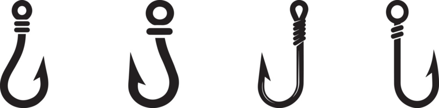 fish hook icon, solid black, white background, minimalist, sharp edges, vector illustration.