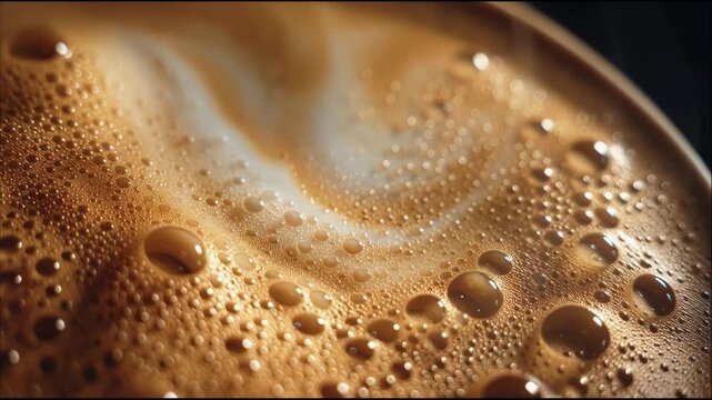 Close-up Macro Shot of Frothy Coffee Foam Bubbles.