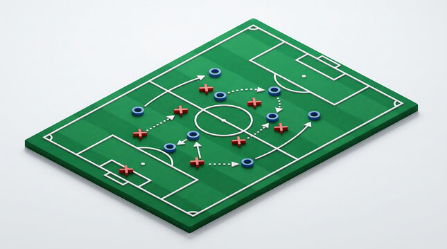 A green soccer field with a tactical strategy board featuring blue and red game pieces on a white background